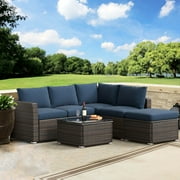 Highsound 4 Piece Patio Furniture Set, Outdoor Sectional Sofa PE Rattan Conversation Set with Table \u0026 Thickened Cushions for Garden Lawn Poolside, Navy Blue